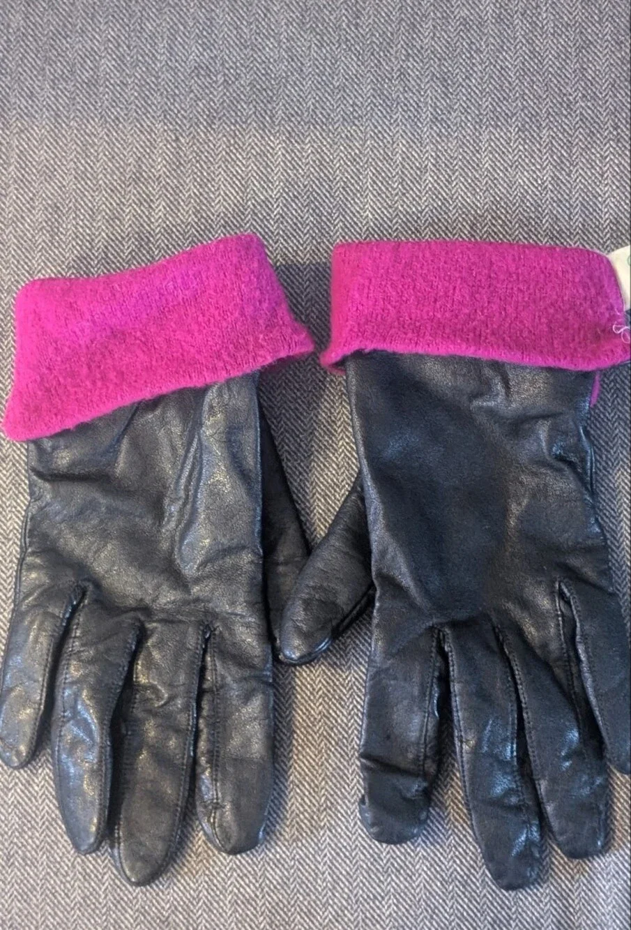 Women's Black Leather Gloves with Pink Cuff - Unbranded